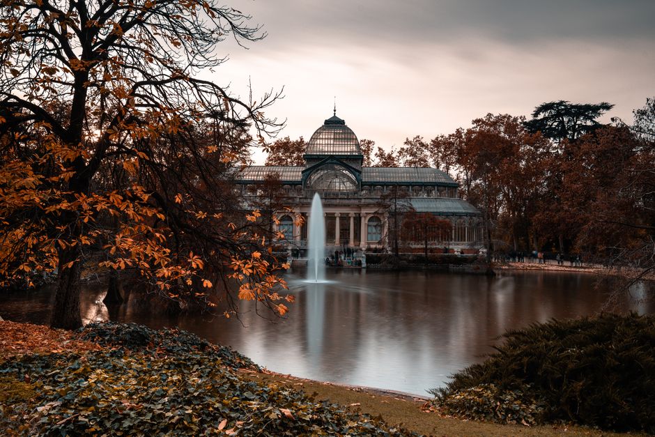 In the foreground, there are several trees with branches extending over a pond, their leaves displaying shades of orange and brown, indicating an autumn setting. The pond features a central fountain with water gently flowing upward, creating ripples on the surface. Surrounding the pond are neatly maintained bushes and ground cover with fallen leaves scattered across the grass. Behind the pond, a large historic greenhouse or conservatory building with glass panels and a domed roof is visible, framed by additional trees with autumn foliage. The scene is illuminated by soft, natural lighting, suggesting early evening or a cloudy day. This environment is part of a park or garden setting often associated with household or public space conservation, relevant to house removals and moving logistics. The image is captured in a way that emphasizes the tranquil atmosphere of a well-kept garden, ideal for home relocation services such as those provided by [COMPANY NAME], supporting clients in planning and executing furniture transport and packing during house moves, especially around the Crystal Palace area.